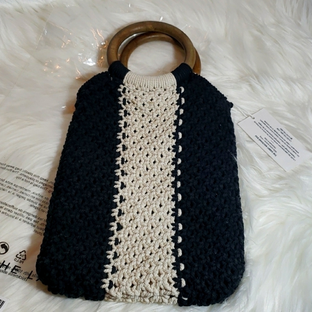 NWT Laude The Label Gabby Mini Macrame Bag Wood Ring Handles Black Ecru